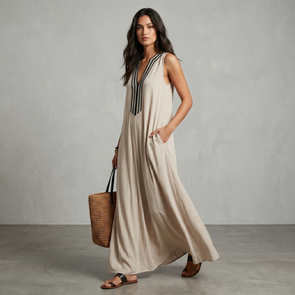 Tuta Lunga Beige con Scollo Ricamato a Contrasto