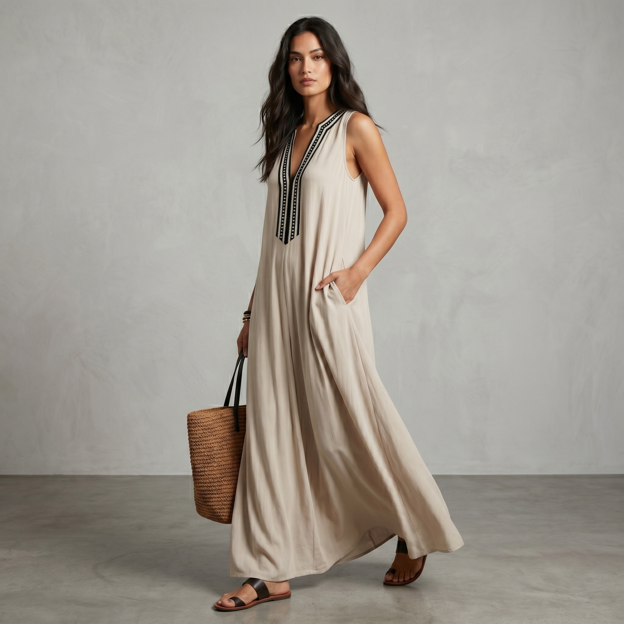 Tuta Lunga Beige con Scollo Ricamato a Contrasto