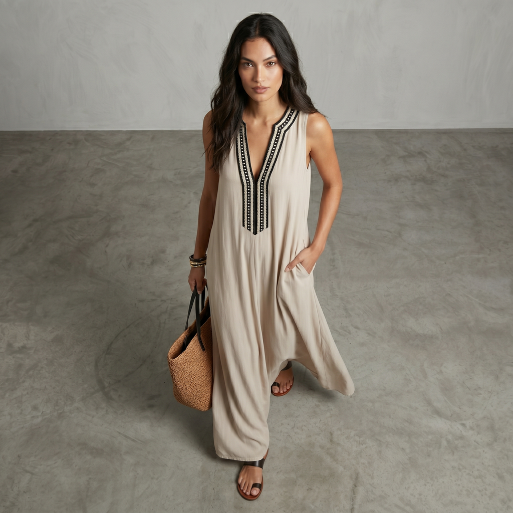 Tuta Lunga Beige con Scollo Ricamato a Contrasto
