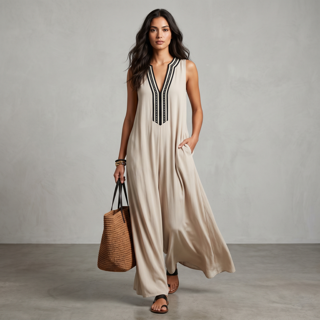 Tuta Lunga Beige con Scollo Ricamato a Contrasto