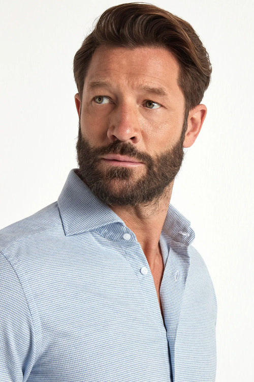 Camicia azzurra in cotone e cashmere a quadretti houndstooth - Made in Italy