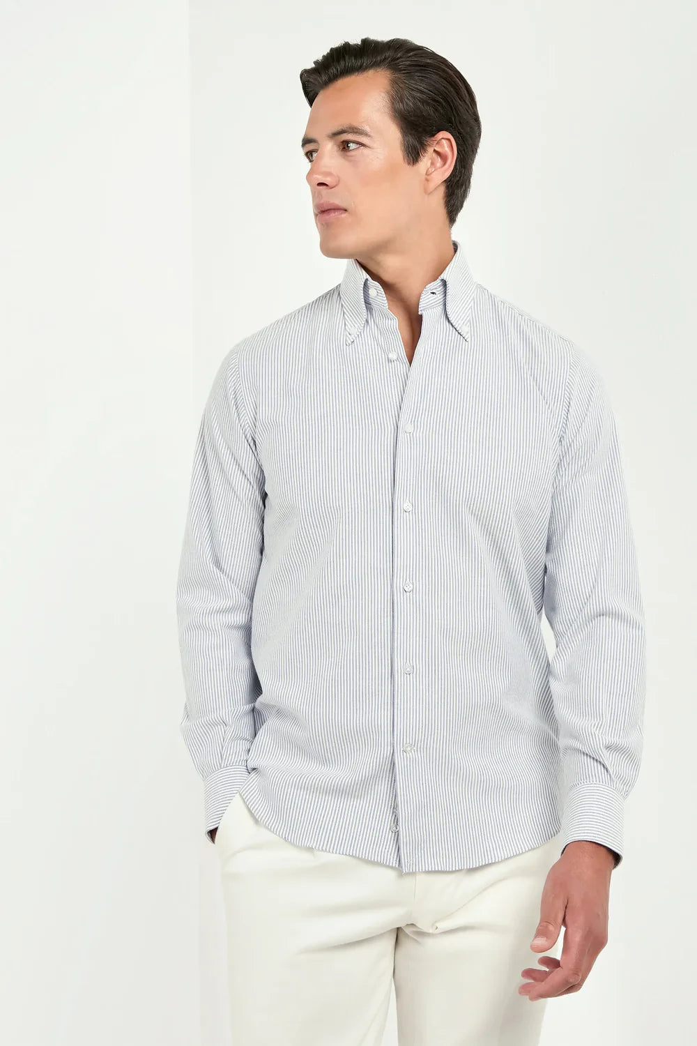 Camicia button down in cotone spazzolato a righe blu - Made in Italy