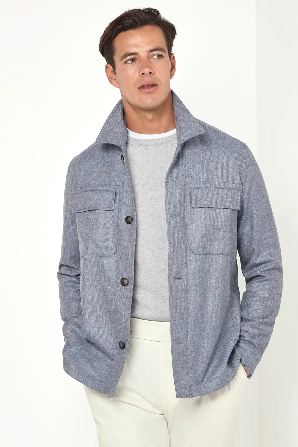 Camicia giacca azzurro polvere in lana e cashmere - Made in Italy