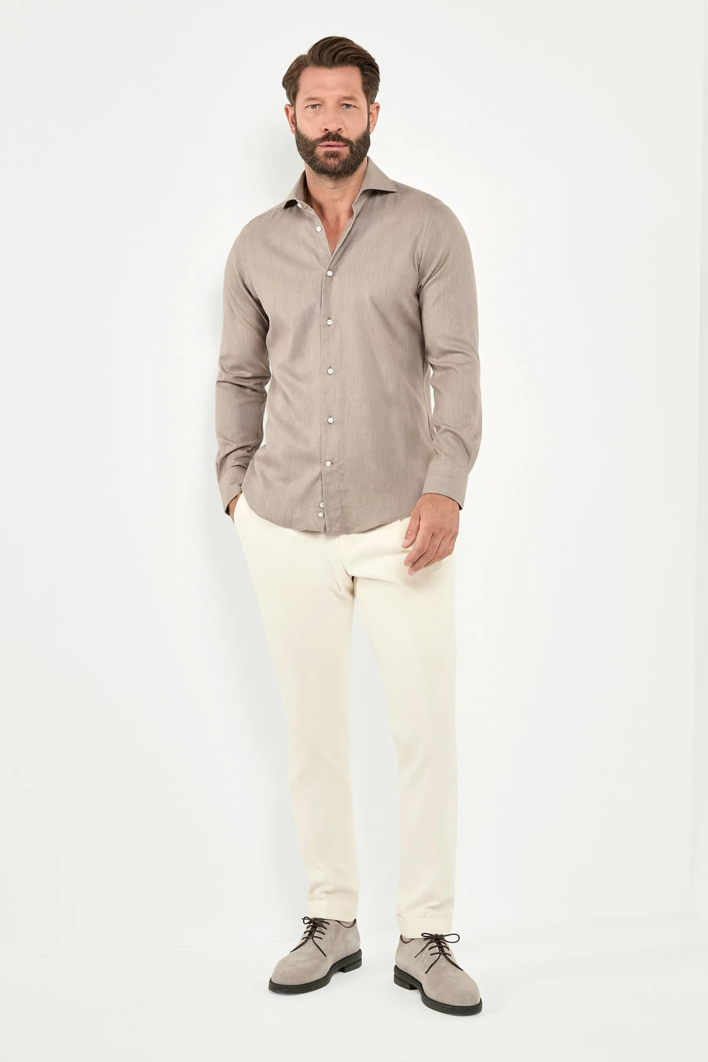 Camicia color taupe in cotone e Tencel™ - Made in Italy
