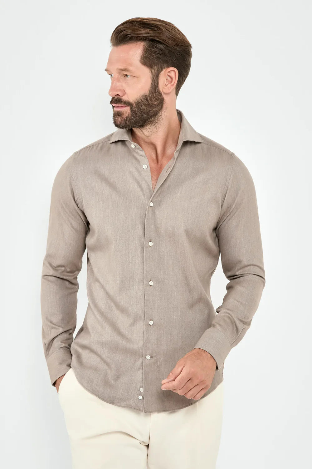 Camicia color taupe in cotone e Tencel™ - Made in Italy