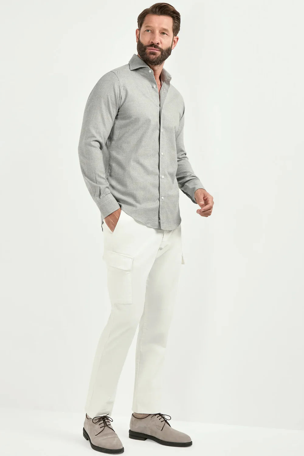 Camicia taupe con motivo Prince of Wales - Made in Italy