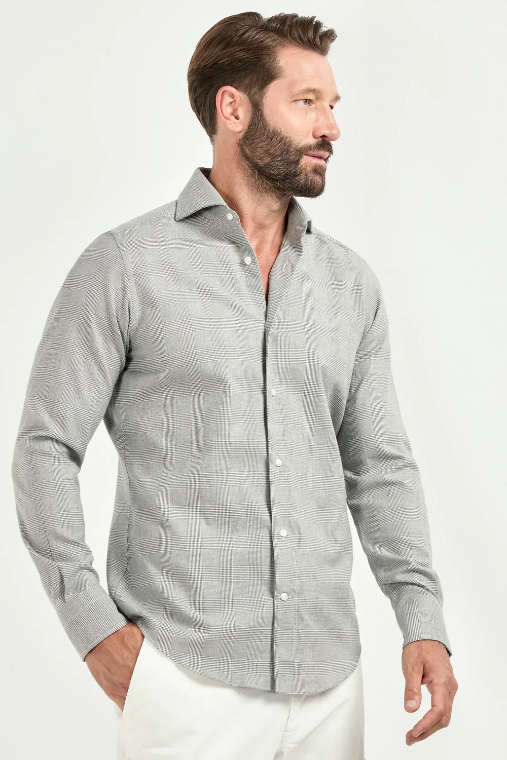 Camicia taupe con motivo Prince of Wales - Made in Italy